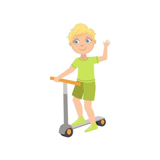 Boy Riding A Scooter Waving