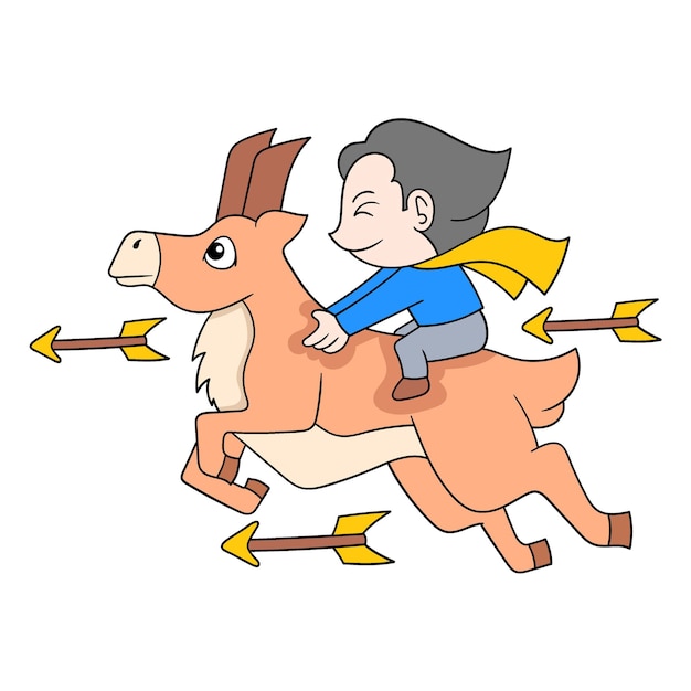 Ragazzo in sella a un cavallo da guerra che schiva le frecce doodle icona immagine kawaii