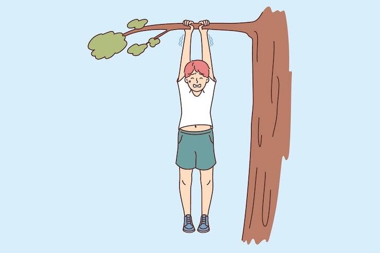 Vector boy risks falling from tree hangs on branch and holds on with all strength due to carelessness