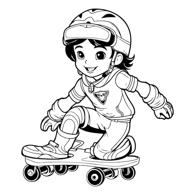 Boy on roller skates Black and white vector illustration for coloring book