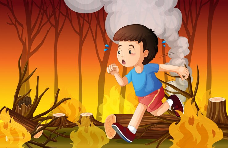 वेक्टर a boy run from wildfire