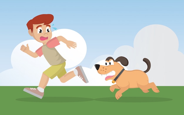 Vector boy running away from angry dog.