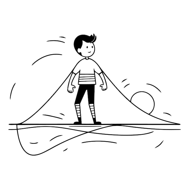 Vettore ragazzo che corre sulla spiaggia in stile doodle