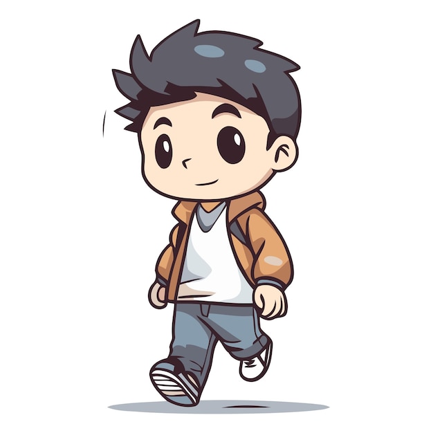 Мальчик, бегущий по мультфильму, милый мальчик в обычной одежде.