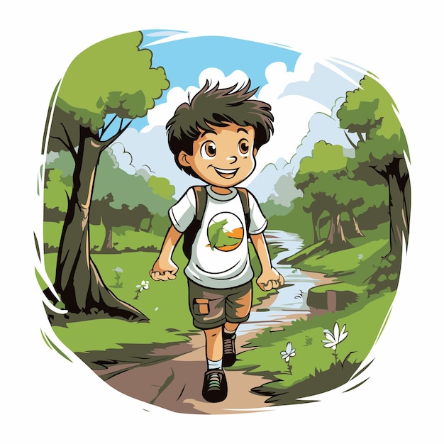 Vector boy running in the park vector illustration in cartoon style on white background