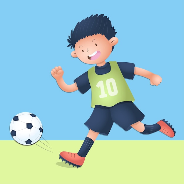 Мальчик бегает и играет в футбол векторный характер