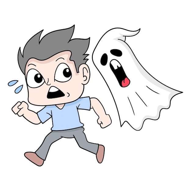 Boy running scared being chased by a flying ghost doodle icon image kawaii