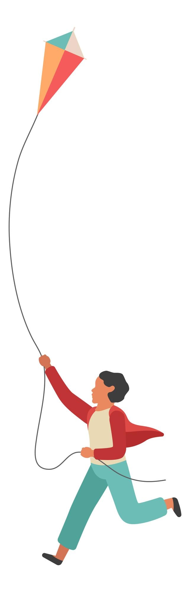 Vector boy running with kite kid catching wind with summer toy