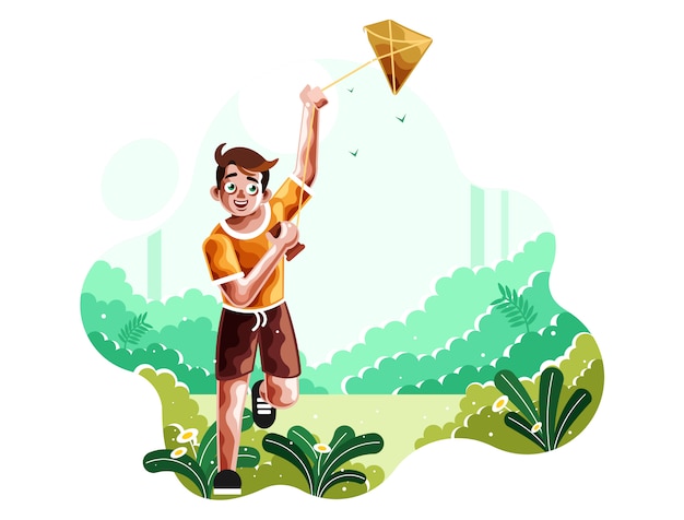 A boy runs flying a kite illustration