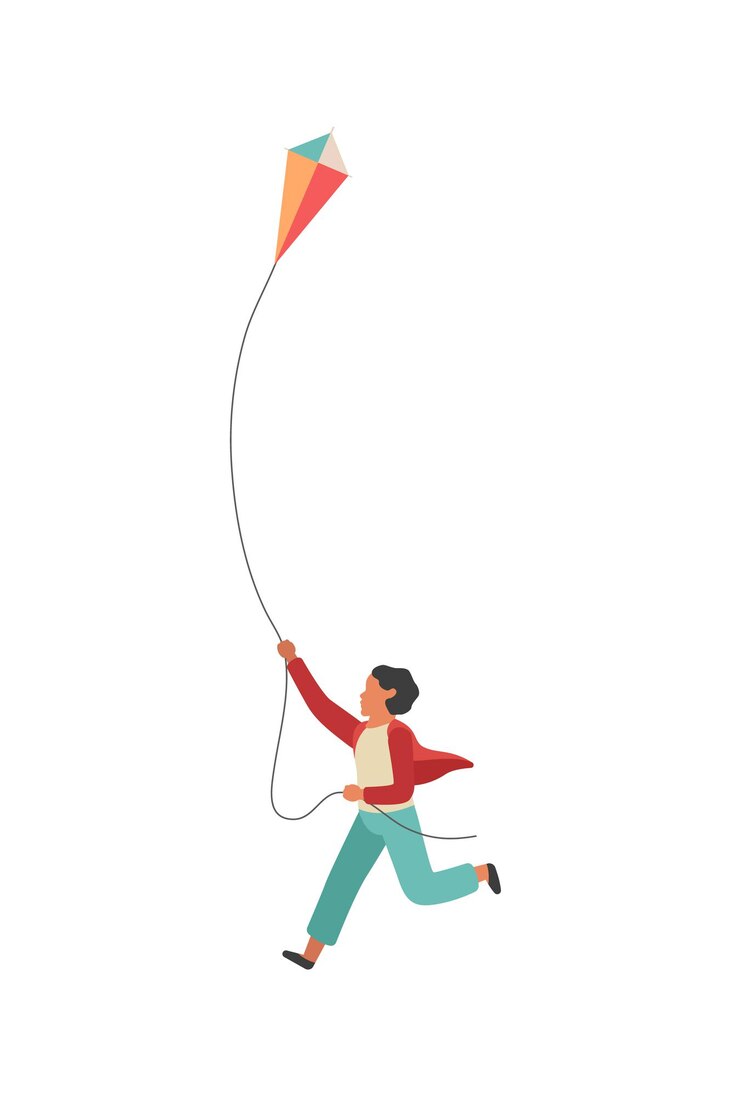 Vector boy runs with a kite. happy little child playing outdoors, colorful flat walking childhood concept