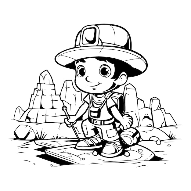 Boy in a safari hat with a shovel Vector illustration