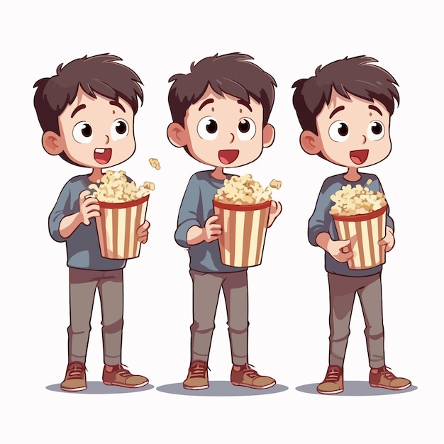 Boy savoring buttered popcorn cartoon illustration young child