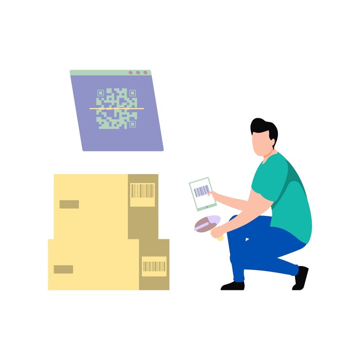 Vector boy scanning product barcodes