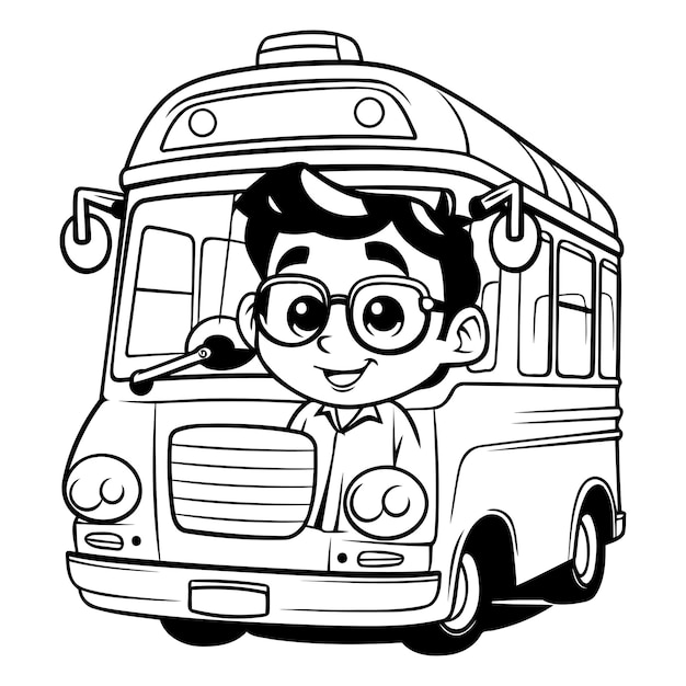 Boy in School Bus Black and White Cartoon Illustration Vector