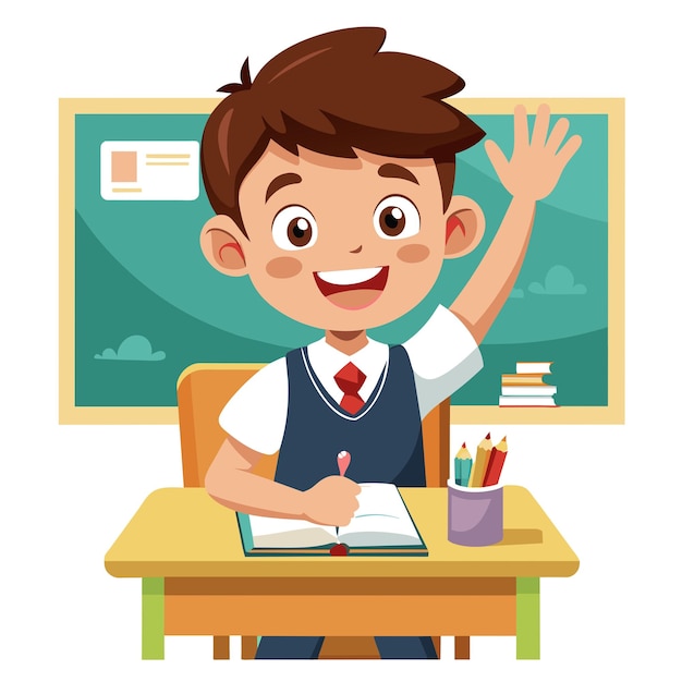 a boy in a school uniform is waving at a school desk