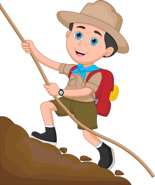 boy scout climbing hill on white background