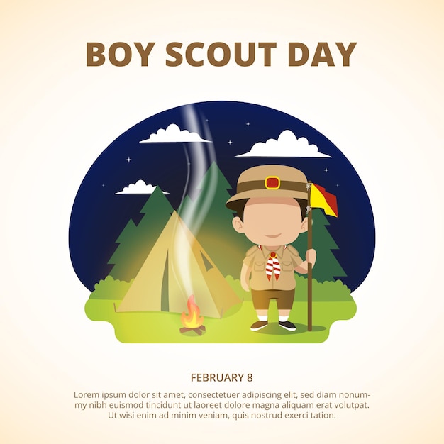 Boy scout day achtergrond met een scout jongen in nacht zomerkamp