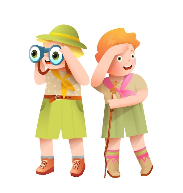 Boy scout and girl scout characters illustration for kids. boy scout looking excited through binoculars, exploring the jungle. vector cartoon in watercolor style.