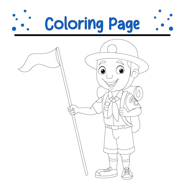 Vector boy scout holding red flag coloring page