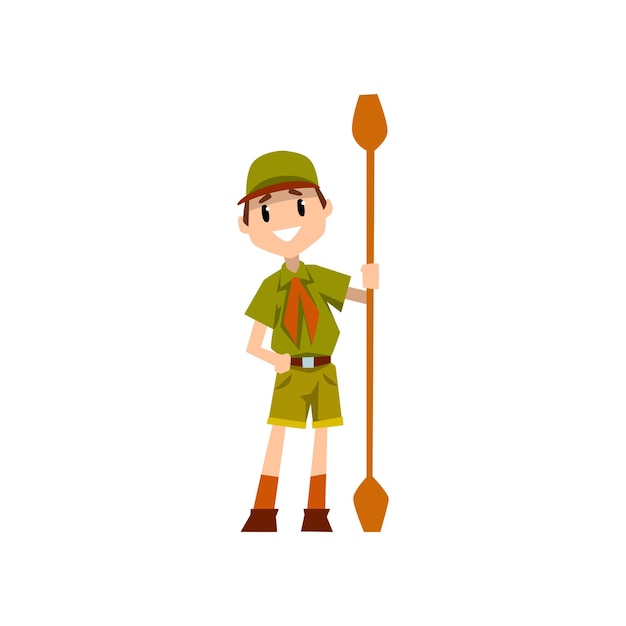 Boy scout personage in uniform met paddle outdoor avonturen en overlevingsactiviteit in camping vector Illustratie geïsoleerd op een witte achtergrond