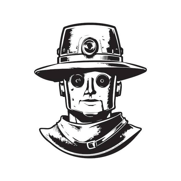 Illustrazione disegnata a mano di colore bianco e nero di concetto di arte linea logo vintage robot boy scout