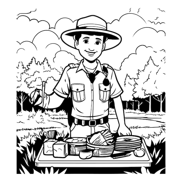 Boy scout with food in the field black and white vector illustration