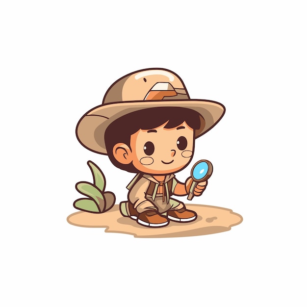 Boy scout with a magnifying glass on the sand Vector illustration
