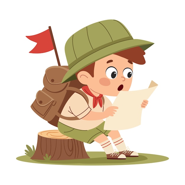 Boy scout with map and flag ute little kid boy wear scout uniform Flat vector illustration in a s