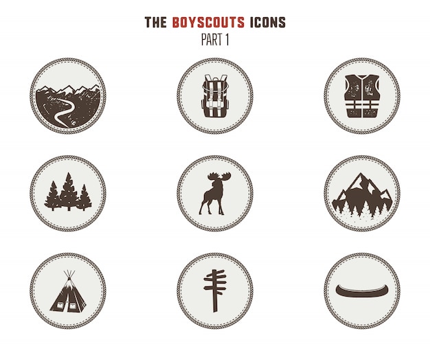 Vector boy scouts icons, patches. camping stickers. tent symbol, moose pictogram, backpack elements, canoe and others.