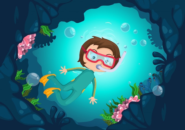 Boy scuba diving vector