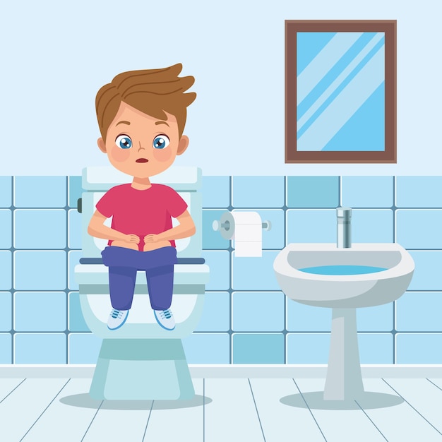 Vector boy seated in toilet