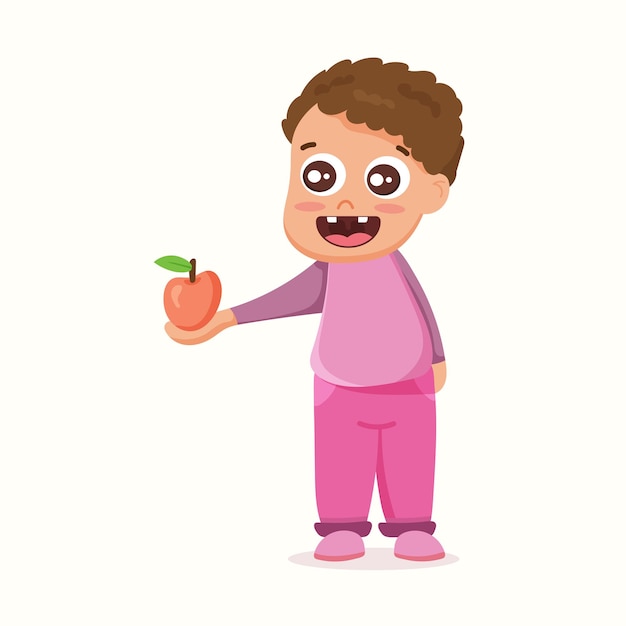 The boy shares an apple. vector illustration in flat style