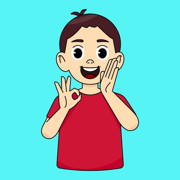 The boy shouts joyfully and announces something and shows an OK gesture Recommends