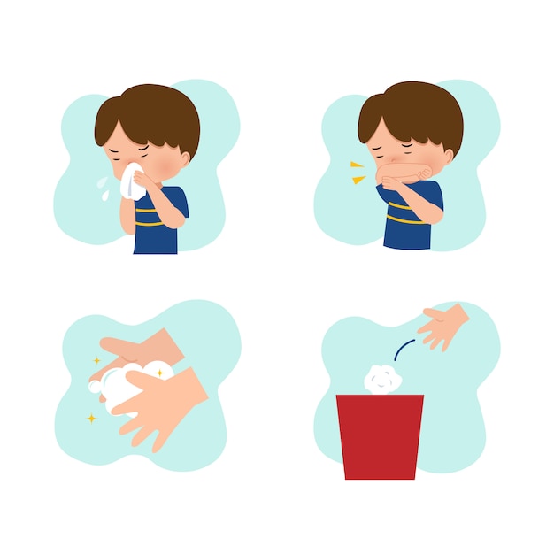 公共の場で咳やくしゃみのエチケットを示す少年。コロナウイルス予防のためのイラストのヒント。白で隔離フラットスタイルベクトルの漫画。