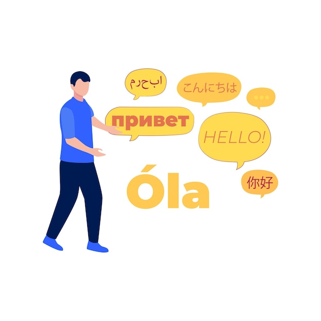 a boy showing different phrases in foreign languages