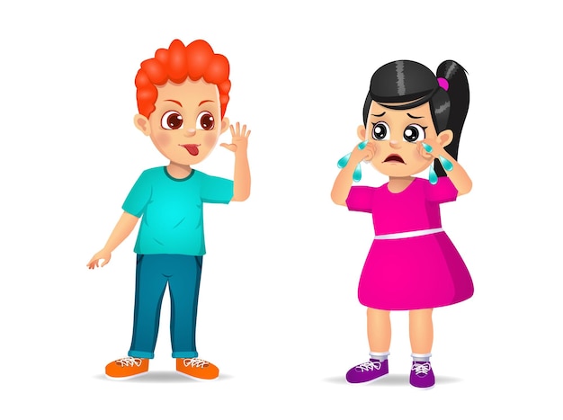 Vector boy showing grimace face to girl until she cry. isolated