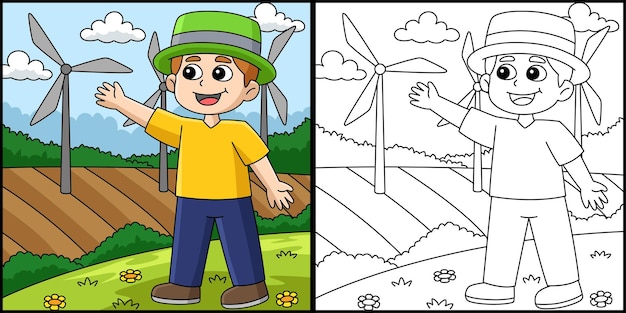 Boy Showing a Windmill Coloring Page Illustration