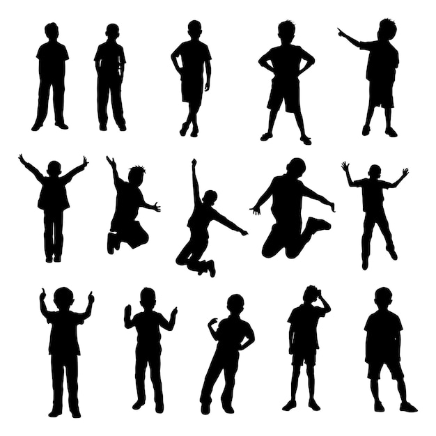 Boy silhouettes set in different movements collection of kids silhouette in different poses