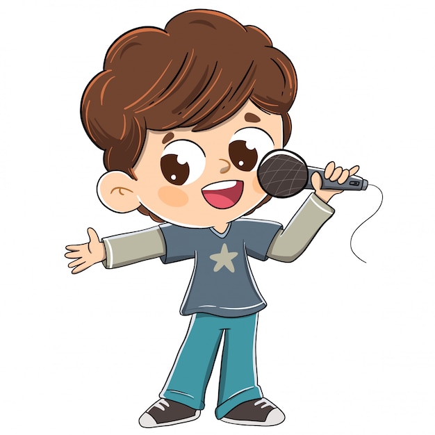 Boy singing with a microphone or doing a presenting