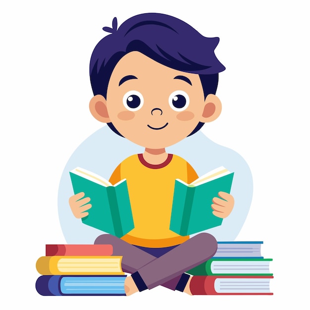 少年が本を読んでいる本の山の上に座っている