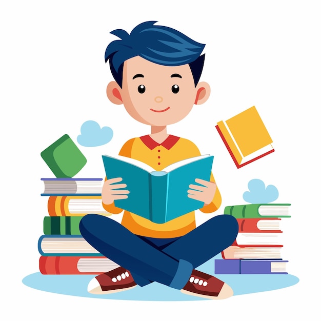 a boy sits on a pile of books with the word quot the quot on it
