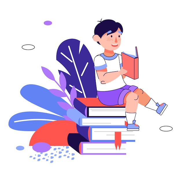 Boy sits on stack of books and reading, cartoon vector illustration isolated