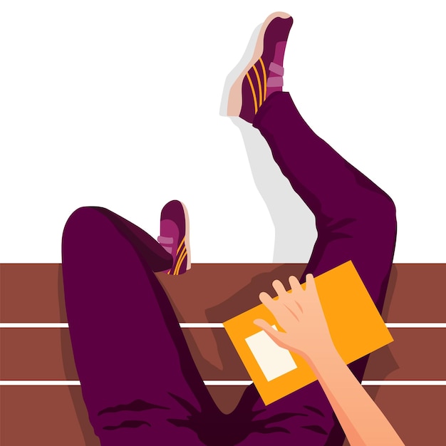 Vector boy sitting on bench vector illustration of university legs top view on white background for back to school design