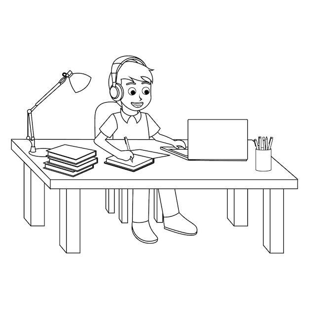 Vettore ragazzo seduto a una scrivania con un computer portatile e una lampada