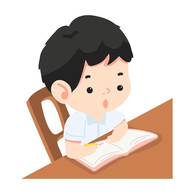 boy sitting at a desk writing on a book
