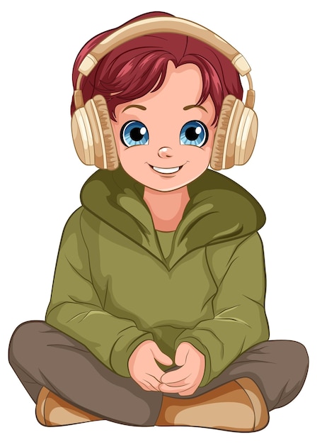 Boy sitting on the floor listening to music with headset