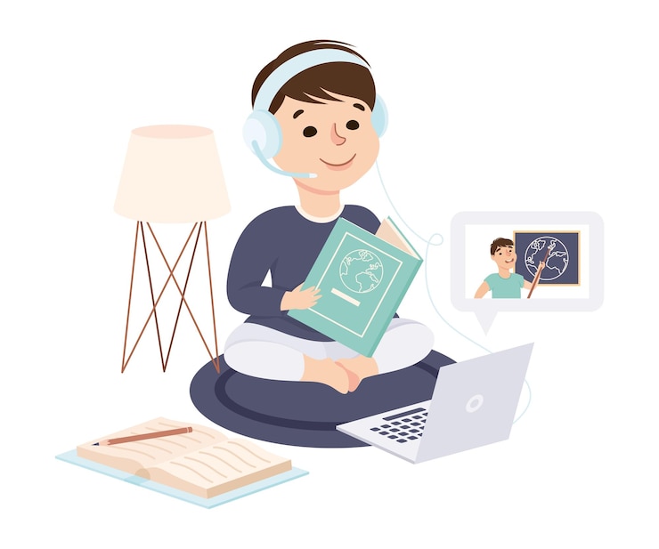 Vector 床に座って教科書を読む少年 机でコンピュータを使ってオンラインで勉強 家庭教育 遠隔学習コンセプト カートゥーンスタイル ベクトルイラスト