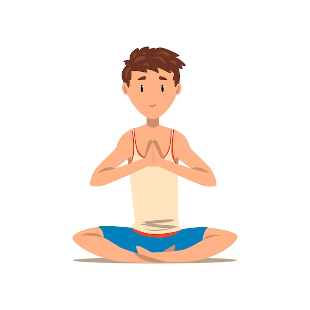 Boy sitting in lotus yoga pose, exercise for back pain and improving posture vector illustration isolated on a white background.