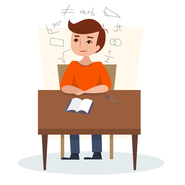 Boy sitting and studying on the table in school flat style vector illustration