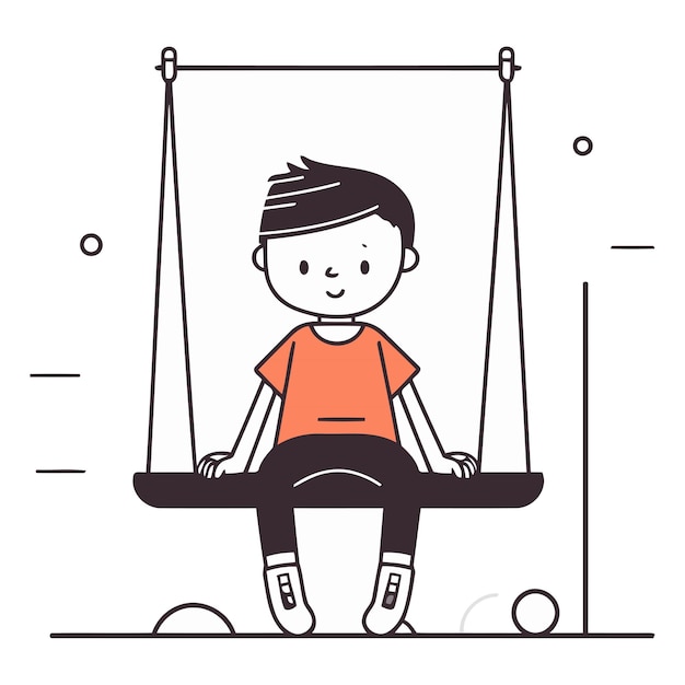 Vector boy sitting on swing in thin line style boy swinging on swing